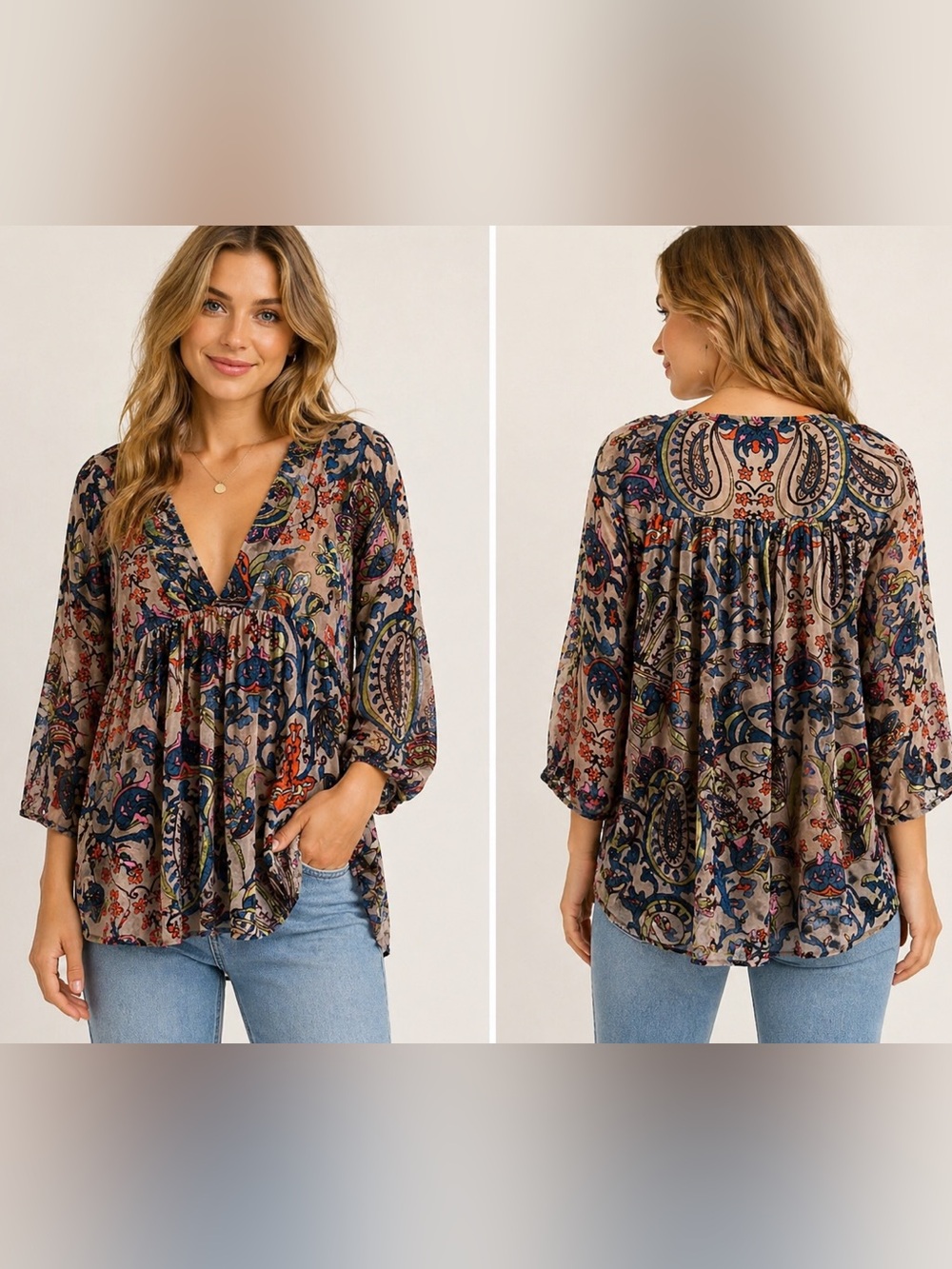 Altar'd State Boho Burnout velvet (devoré) over sheer Flowing Blouse Size Small